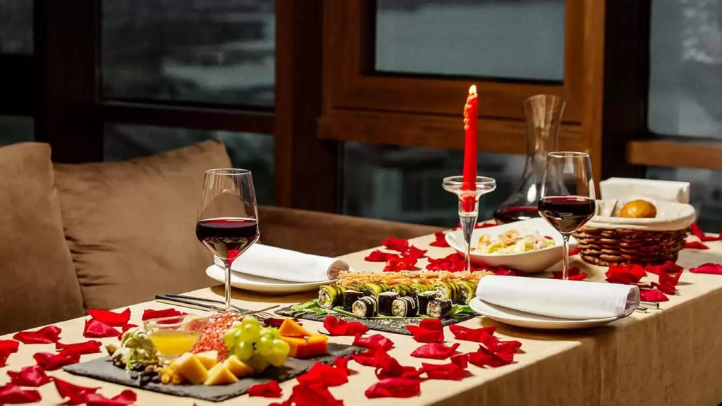 lunch table with red wine candles