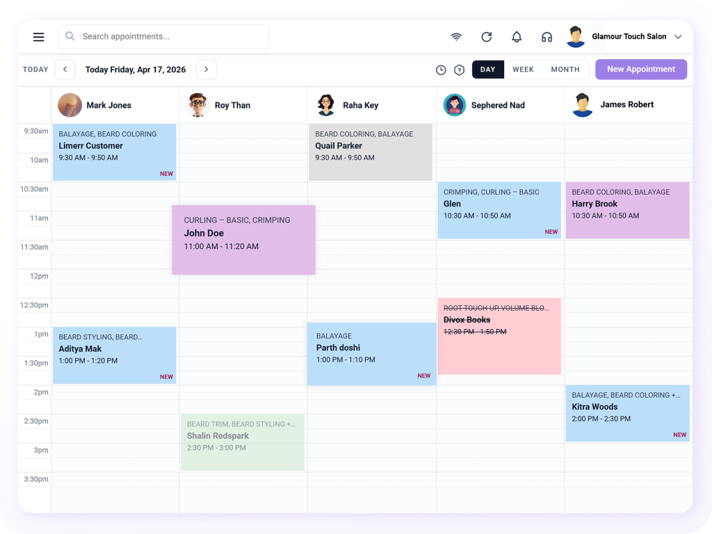 Salon appointment calendar with staff schedules and bookings