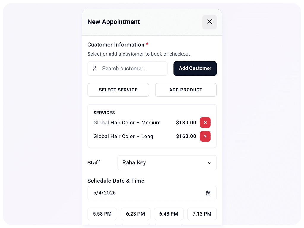 Salon service and staff selection for online booking
